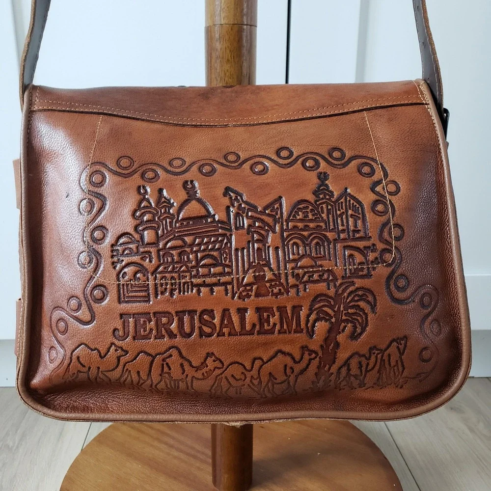 Holy Land Jerusalem Messenger Bag Unisex Medium Brown Leather Tooled Souvenir
